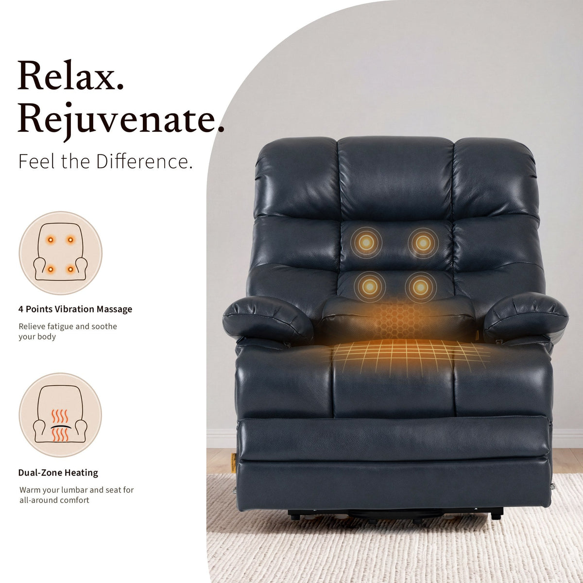 Irene House 9205L Pro in top grain dark blue showing four-point vibration massage and dual-zone heating at the lumbar and seat