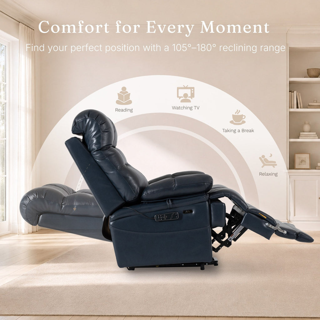 Irene House 9205L Pro in top grain dark blue reclining through its 105 to 180 degree range
