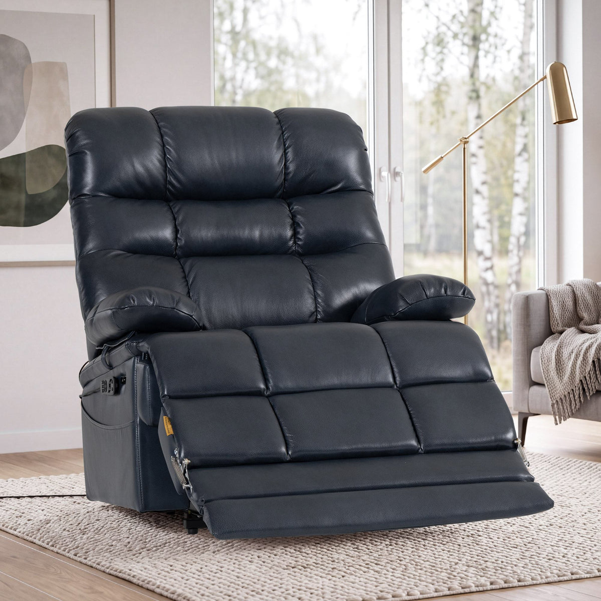 Irene House 9205L Pro in top grain dark blue leather in a living room with the footrest extended