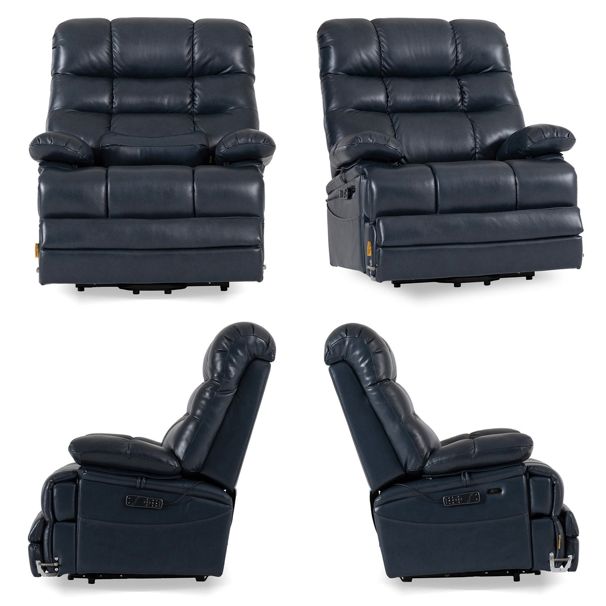 Irene House 9205L Pro in top grain dark blue leather from four angles — front, side, upright and reclined