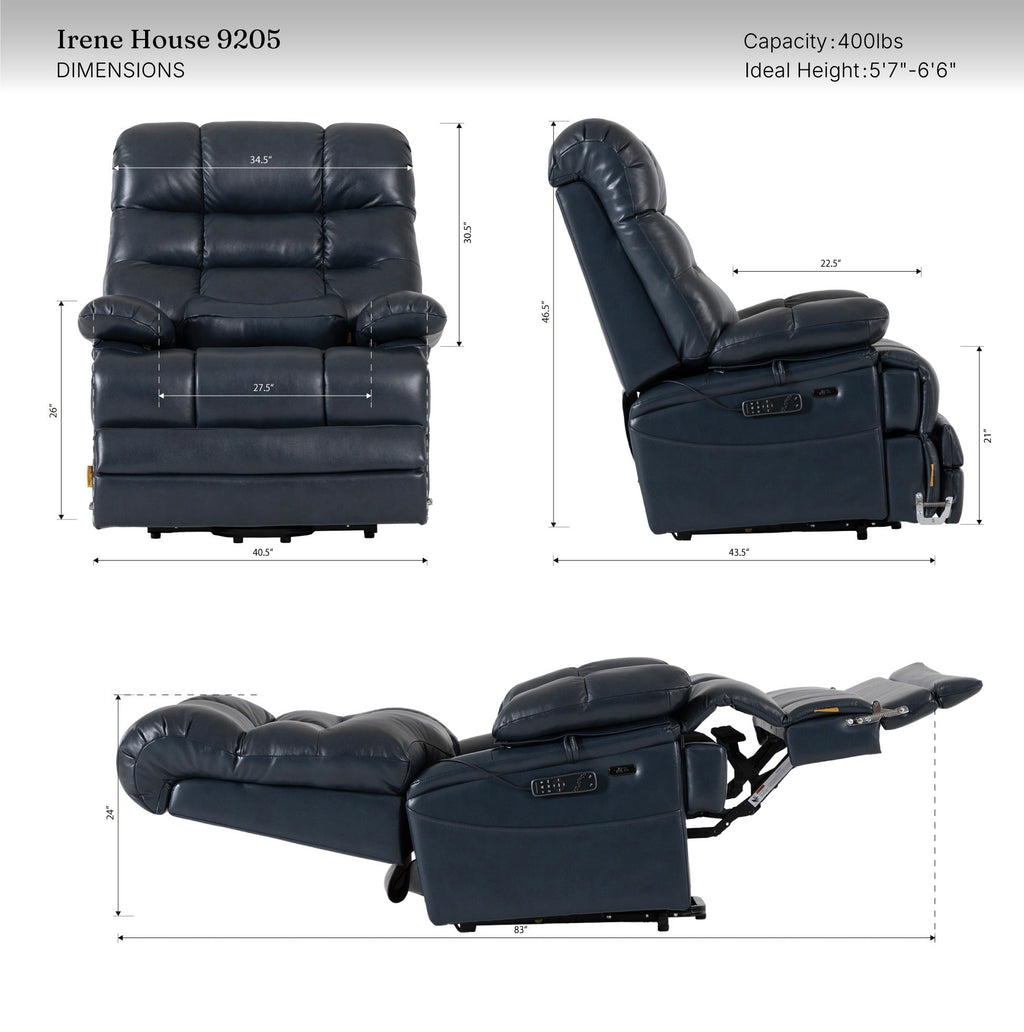 Irene House 9205L Pro dimensions — 400 lb capacity, for users 5 foot 7 to 6 foot 6, 27.5 inch seat width, 40.5 inch overall width, 46.5 inch height, 43.5 inch depth, 83 inches reclined