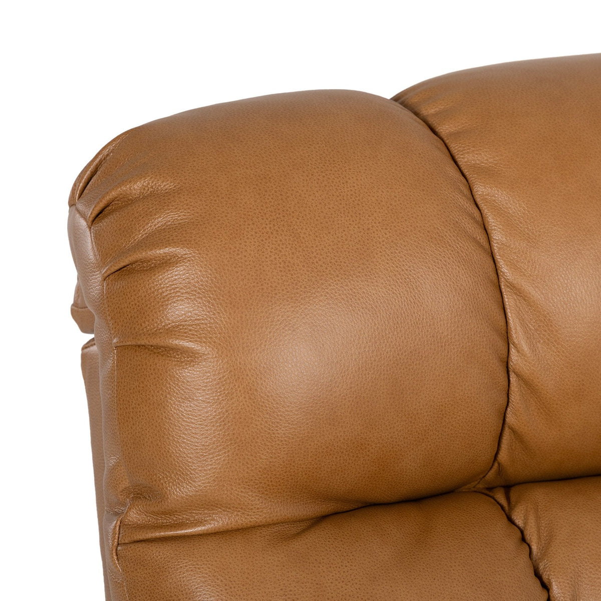 Close-up of the pillow-top arm on the Irene House 9205L Pro in top grain yellow brown leather