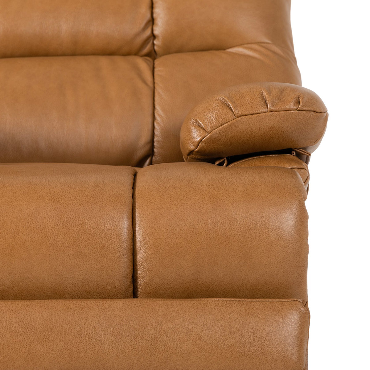 Close-up of the seat and arm stitching on the Irene House 9205L Pro in top grain yellow brown leather