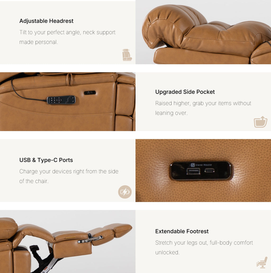 Irene House 9205L Pro features in top grain yellow brown — adjustable headrest, raised side pocket, USB-A and USB-C ports, extendable footrest
