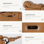 Irene House 9205L Pro features in top grain yellow brown — adjustable headrest, raised side pocket, USB-A and USB-C ports, extendable footrest