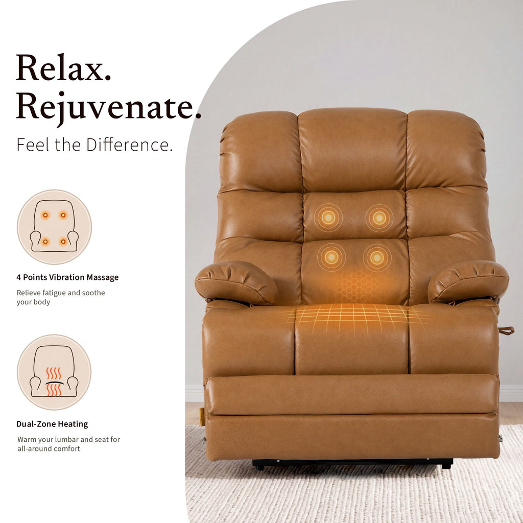 Irene House 9205L Pro in top grain yellow brown showing four-point vibration massage and dual-zone heating at the lumbar and seat