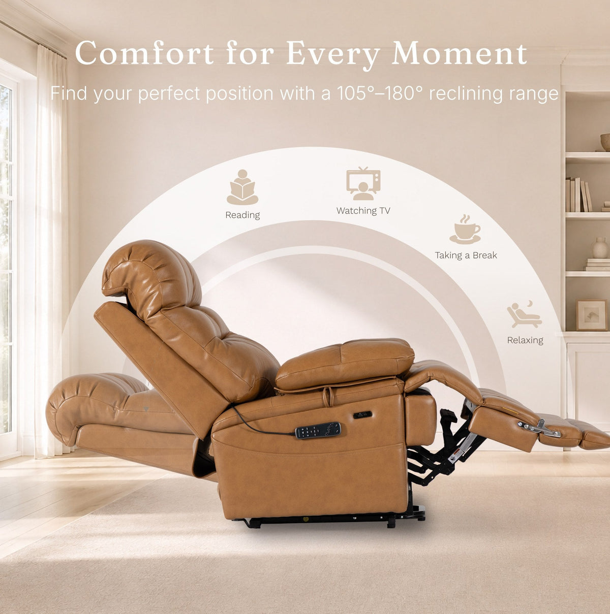 Irene House 9205L Pro in top grain yellow brown reclining through its 105 to 180 degree range for reading, TV and resting