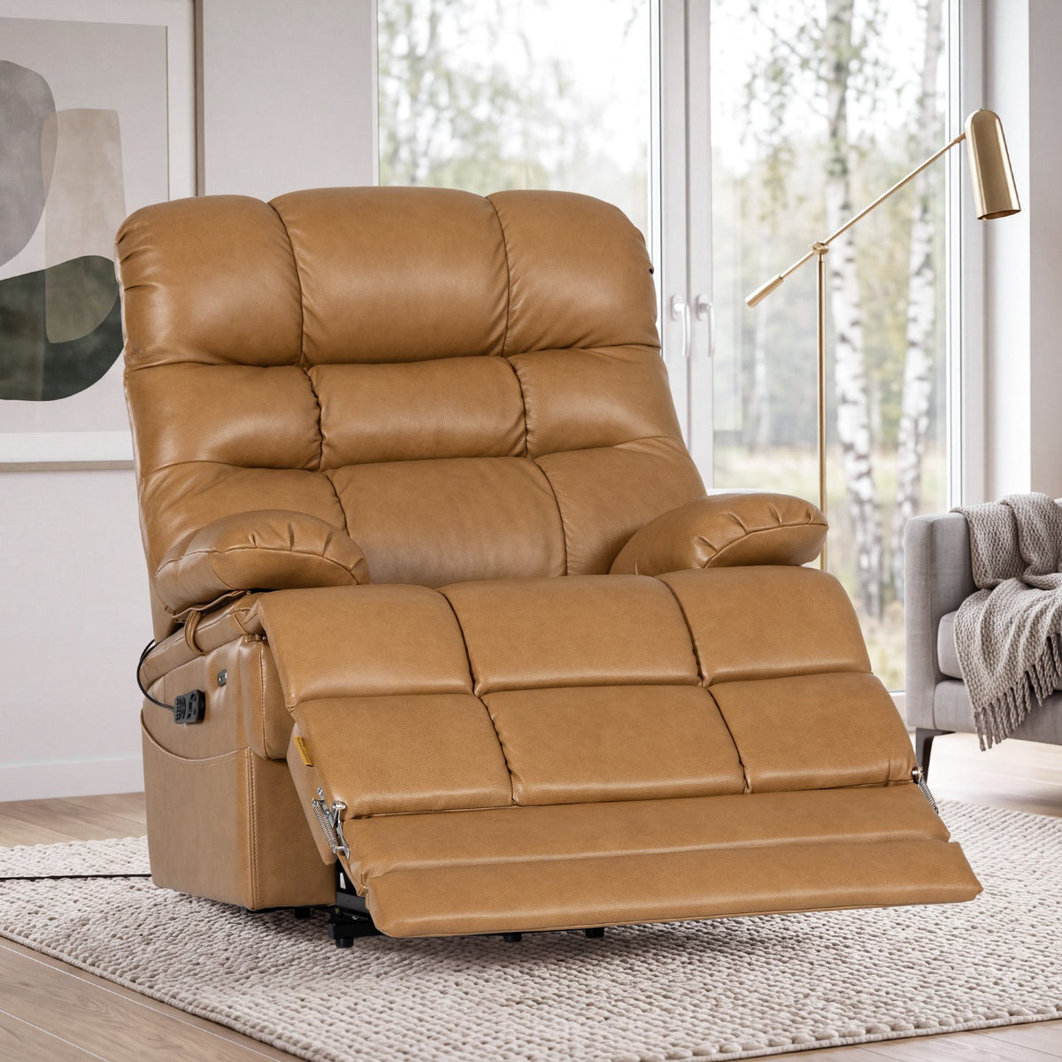 Irene House 9205L Pro in top grain yellow brown leather in a sunlit living room with the footrest extended