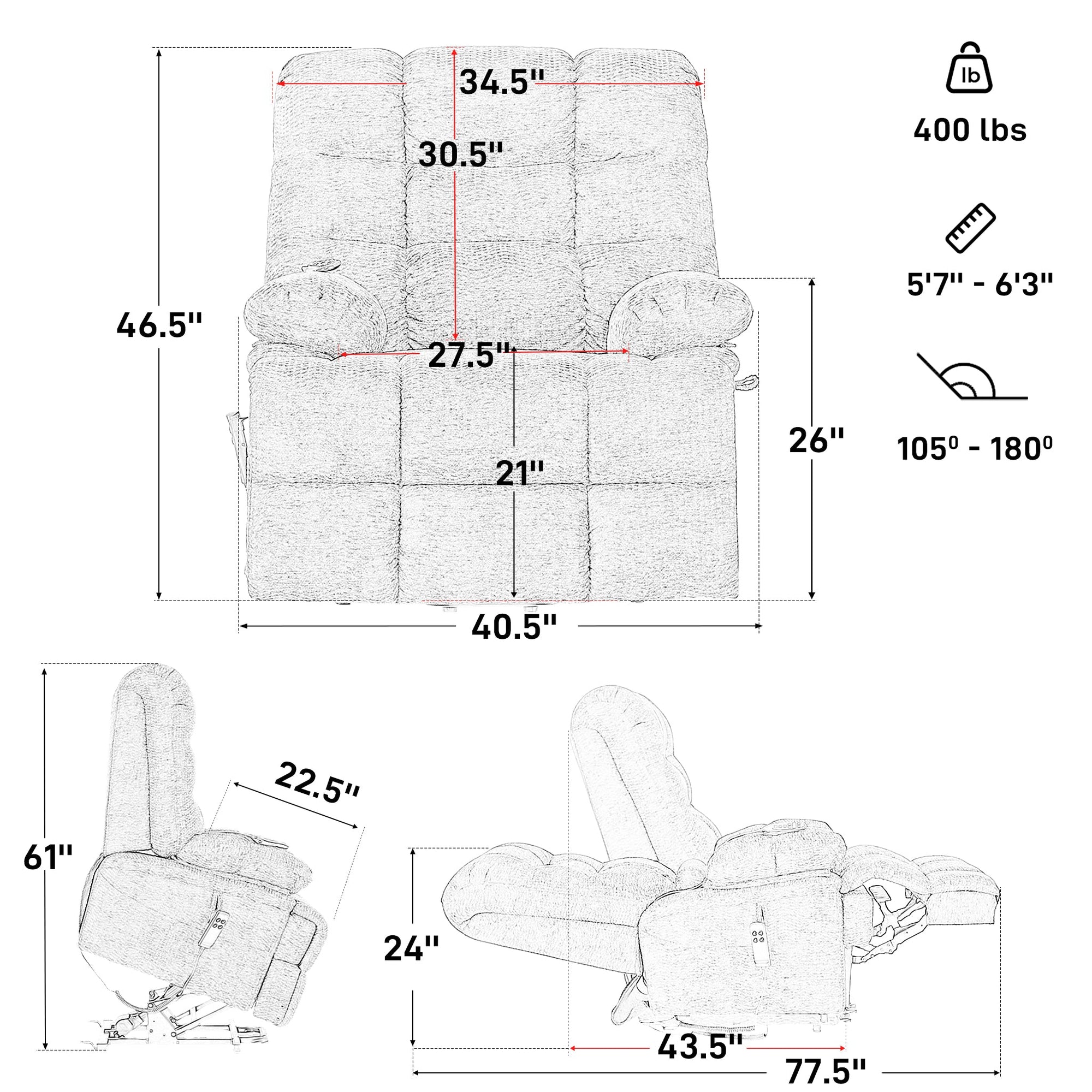 Irene House 9205 dimensions — 400 lb, 34.5 inch overall width, 27.5 inch seat width, 21 inch seat depth, 46.5 inch high, 77.5 inch reclined