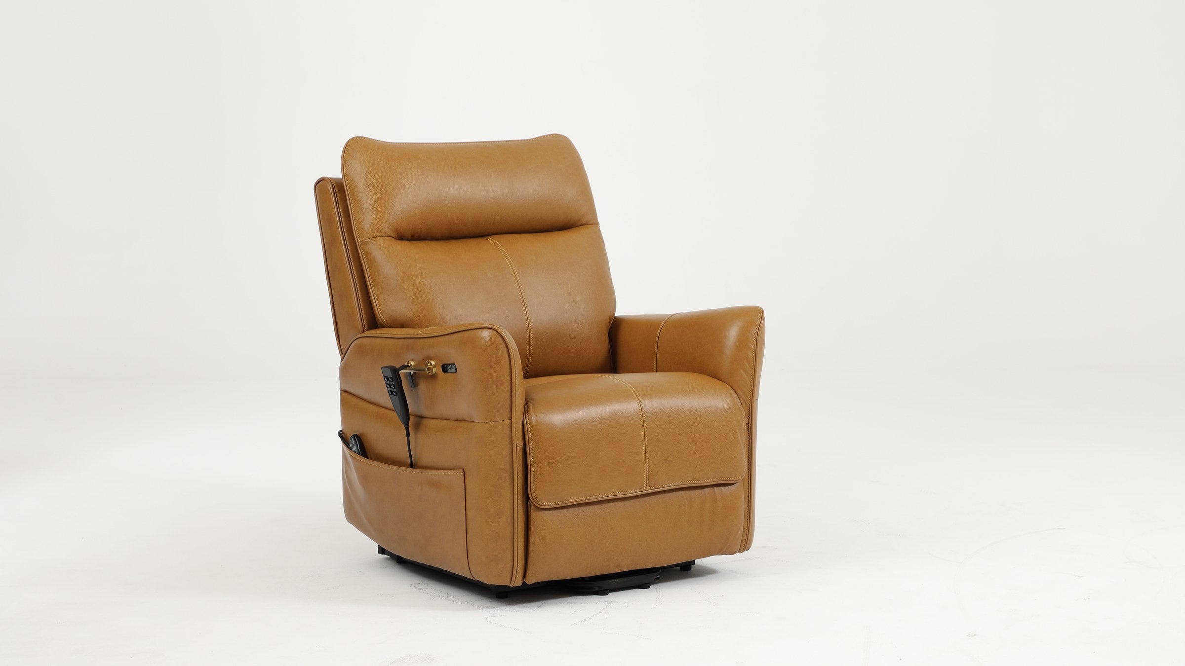 Irene House 9219 camel brown top grain leather power lift recliner shown upright from a three-quarter angle, brass rail and hand control on the side panel