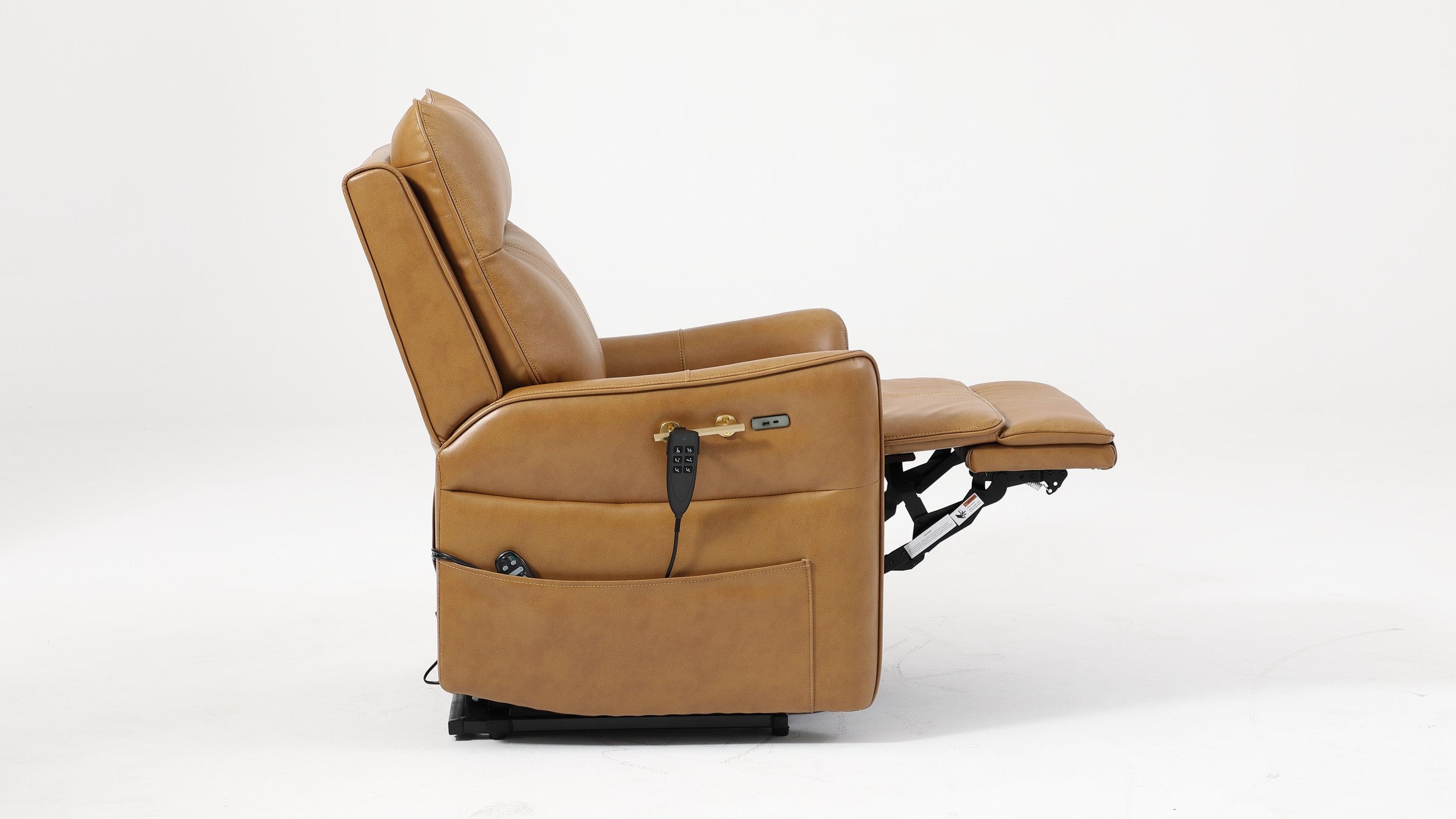 Irene House 9219 camel brown recliner with the footrest fully extended while the backrest stays close to upright