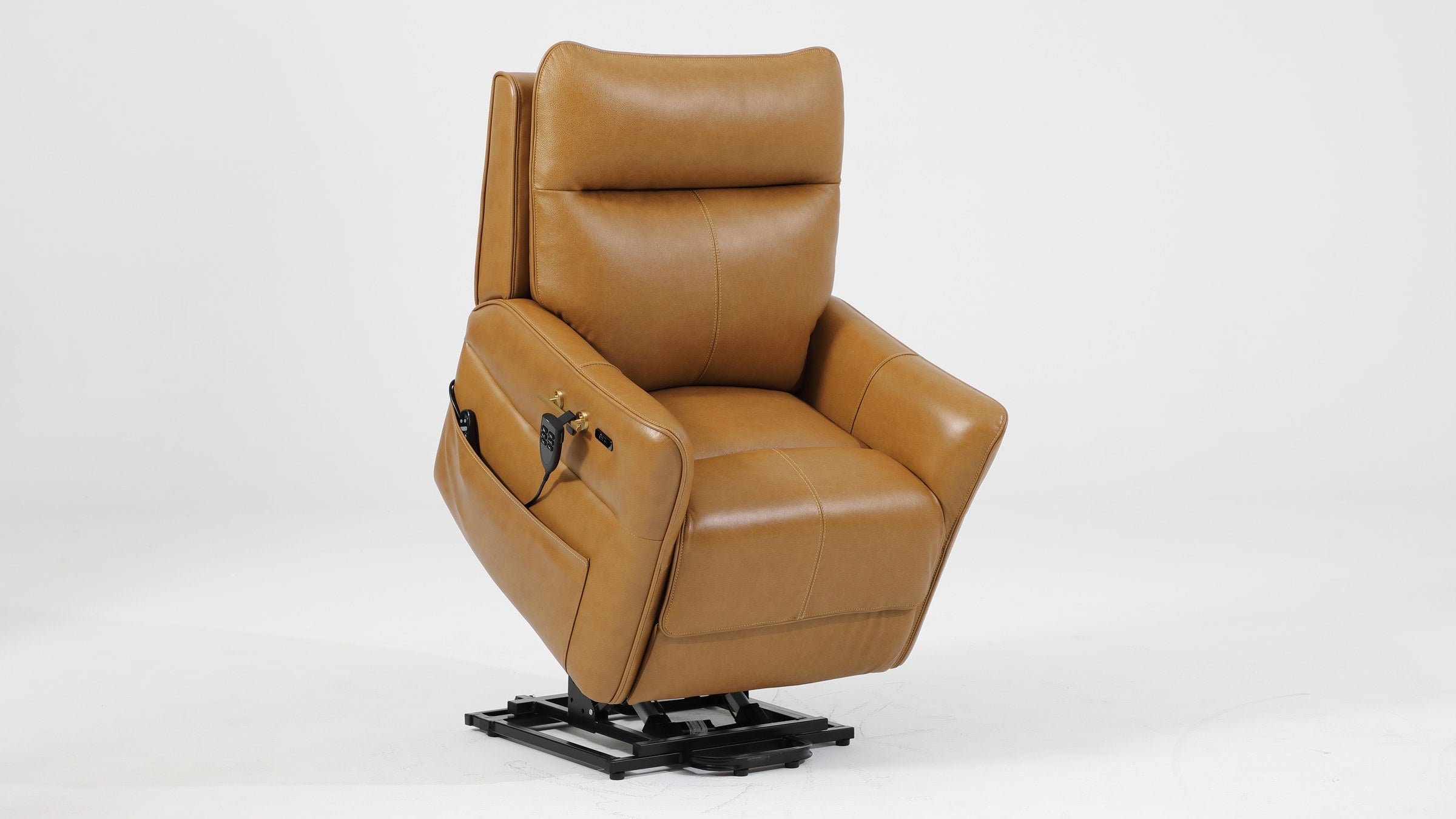 Irene House 9219 camel brown power lift recliner tilted forward in the lift position, seat raised toward standing