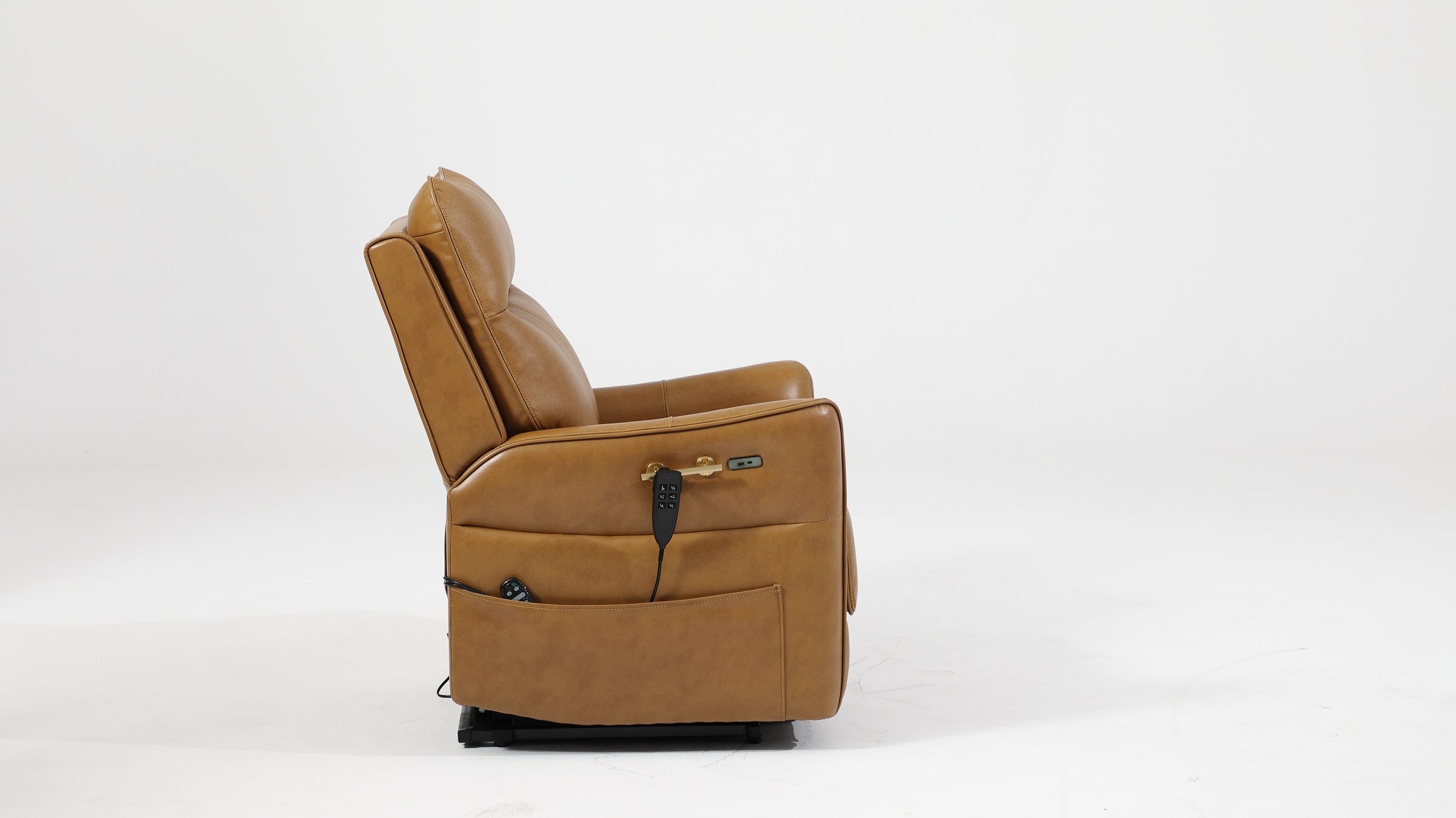 Irene House 9219 camel brown lift recliner in the upright seated position with the footrest closed