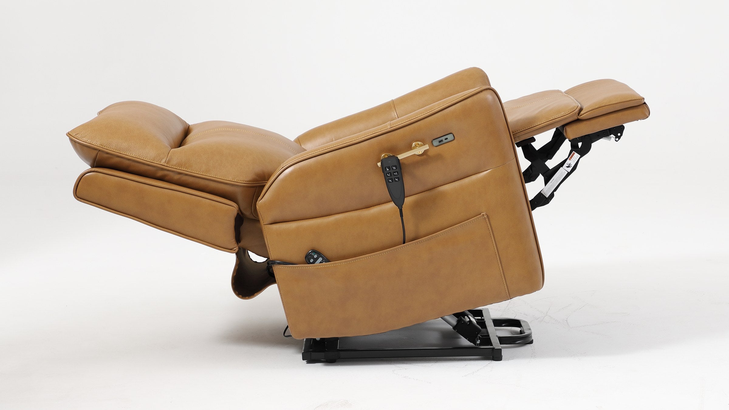 Irene House 9219 camel brown lift recliner at full zero gravity recline, back lowered and legs raised with the footrest fully extended