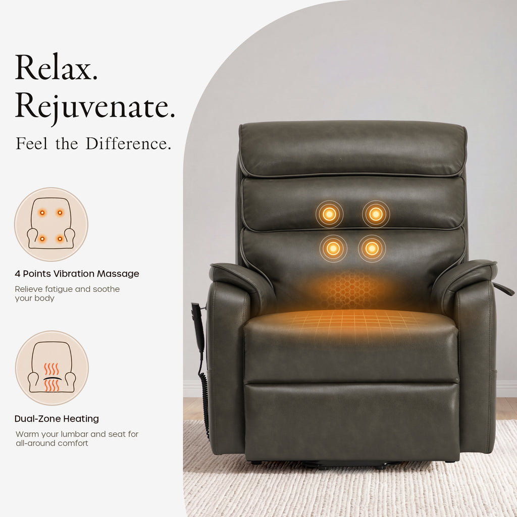 Heat and massage graphic for the Irene House 9188E gray breathable leather, showing the 4-point vibration massage points and dual-zone heating areas in the backrest and seat