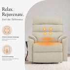 Heat and massage graphic for the Irene House 9188E beige chenille, showing the 4-point vibration massage points and dual-zone heating areas in the backrest and seat