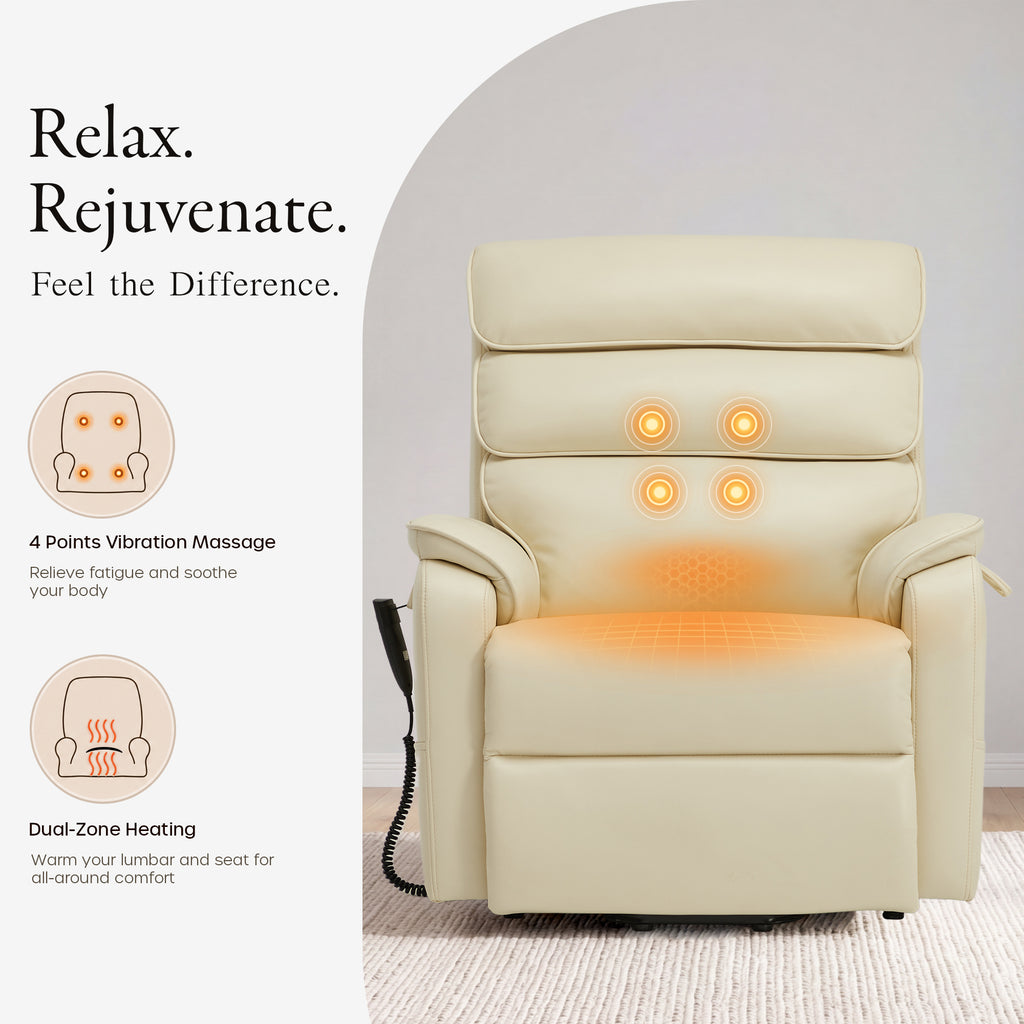 Heat and massage graphic for the Irene House 9188E cream white breathable leather, showing the 4-point vibration massage points and dual-zone heating areas in the backrest and seat