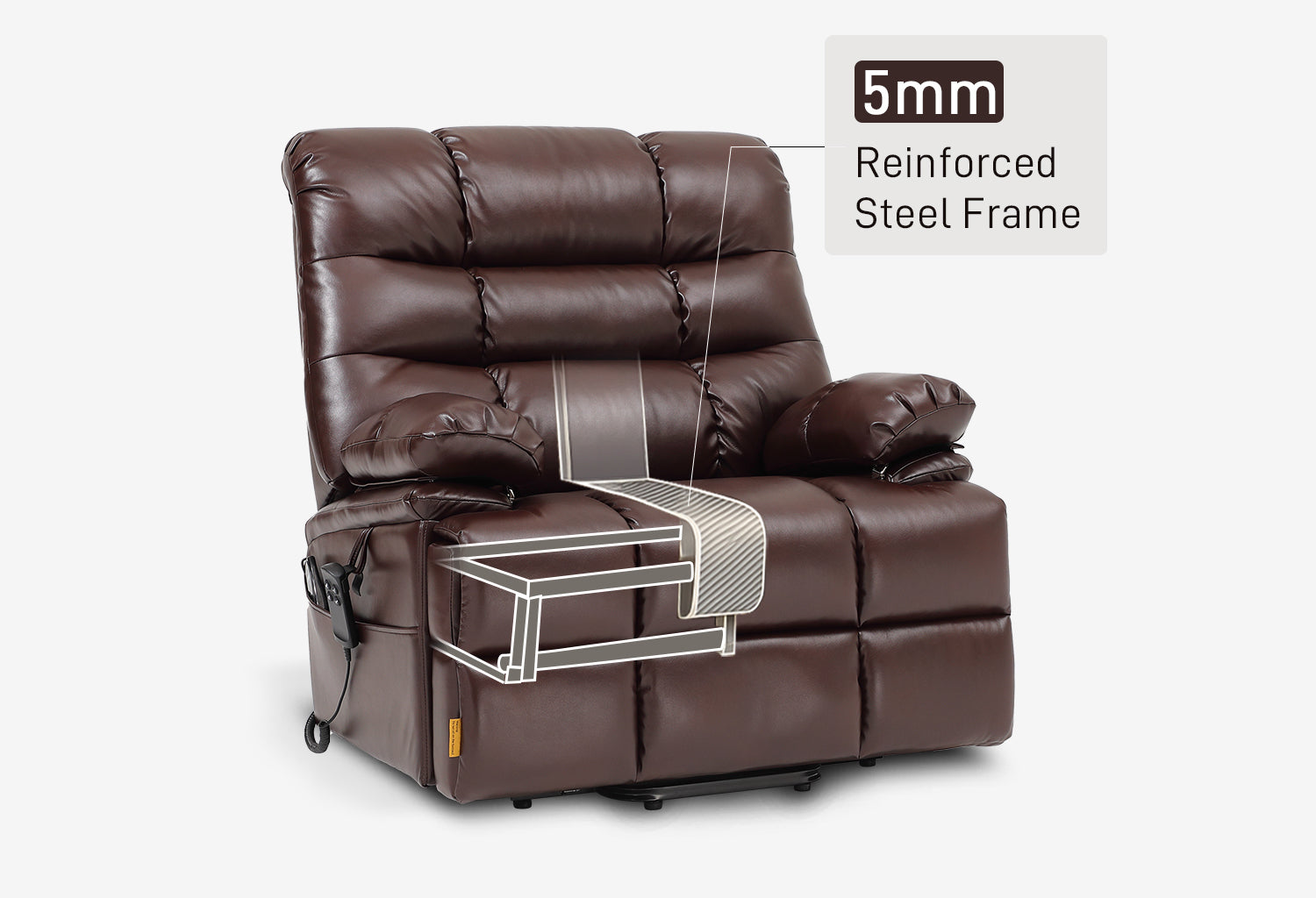 Triple-motor system—two motors control the lift and footrest, while a third adjusts the backrest.The enhanced steel frame, with a reinforced 5mm footrest, ensures superior stability and durability