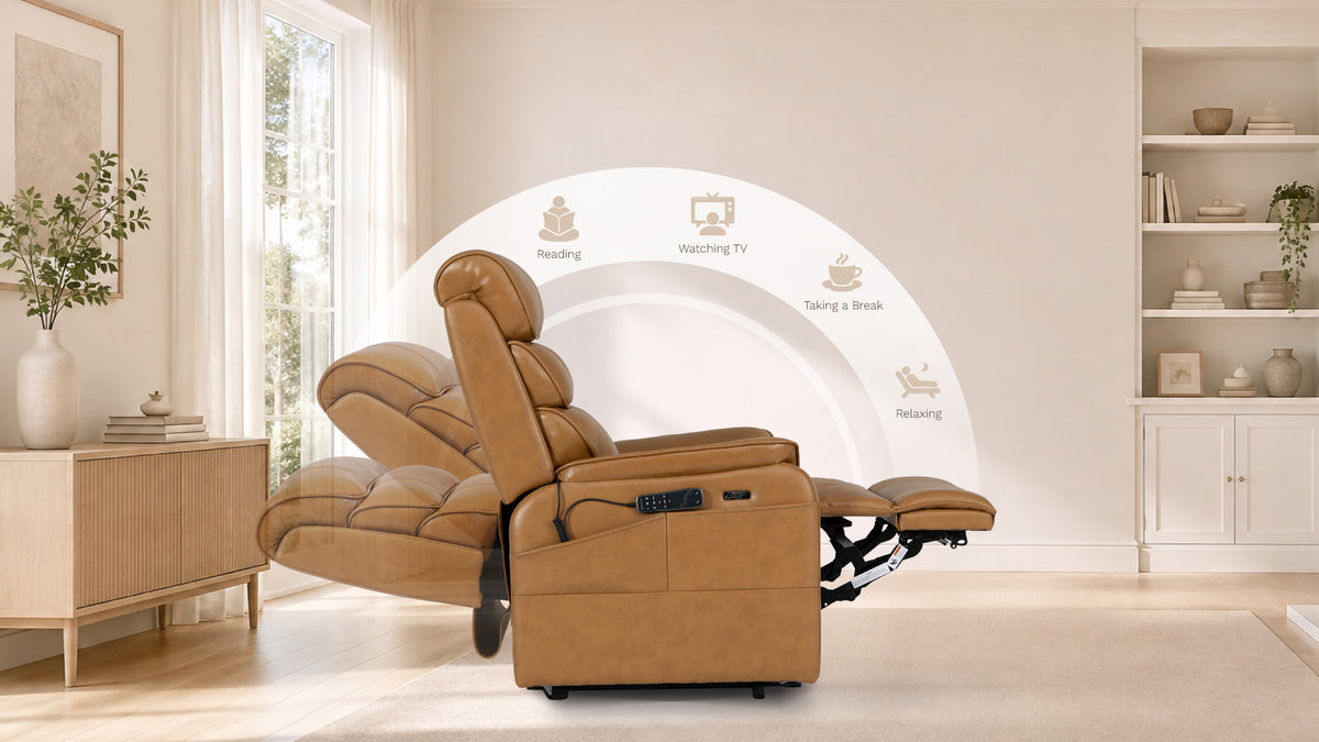 Irene House 9188 Pro reclining range 105 to 180 degrees — man reading in the yellow brown leather lift recliner, positions for reading, TV, a break and lying flat