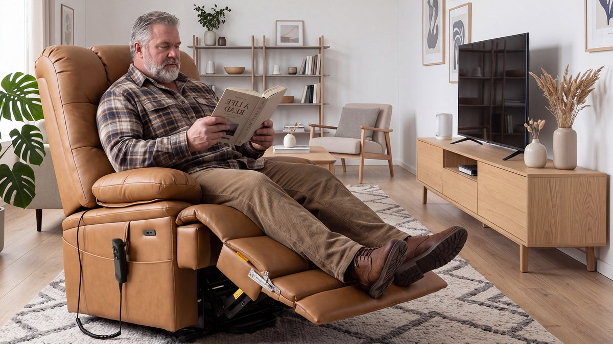 Irene House 9205L in brown leather, front view showing the deep grid-tufted back, thick bolster arms and three-panel seat