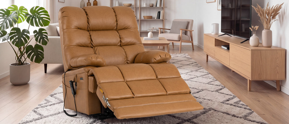 Person lying fully flat in the Irene House 9205L big and tall lift recliner in brown leather, legs supported to the heel by the extended footrest