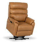 Irene House 9188E Pro oversized power lift recliner in top grain yellow brown leather, raised in the lift position that helps you stand up
