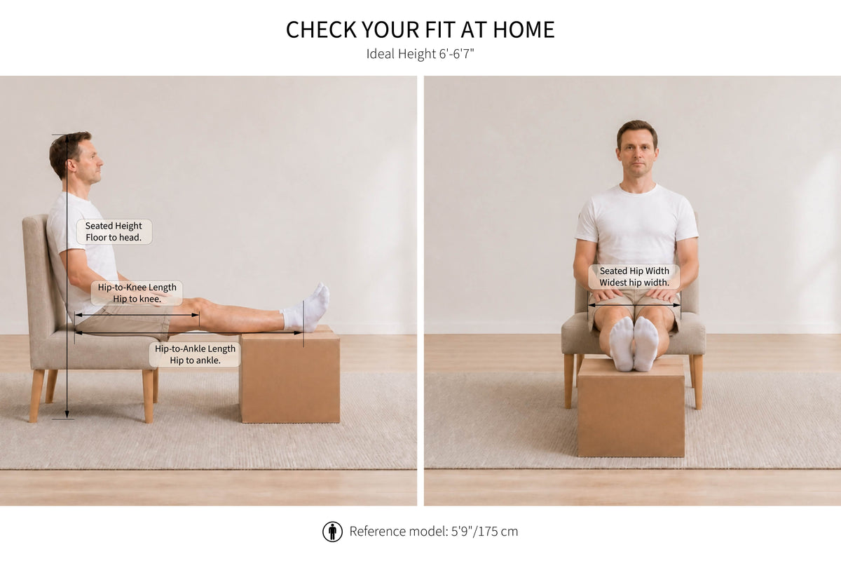 How to check your fit for a tall lift recliner — measure your seated back height (seat to top of head) and leg length (hip to heel). Height alone doesn't tell the whole story.
