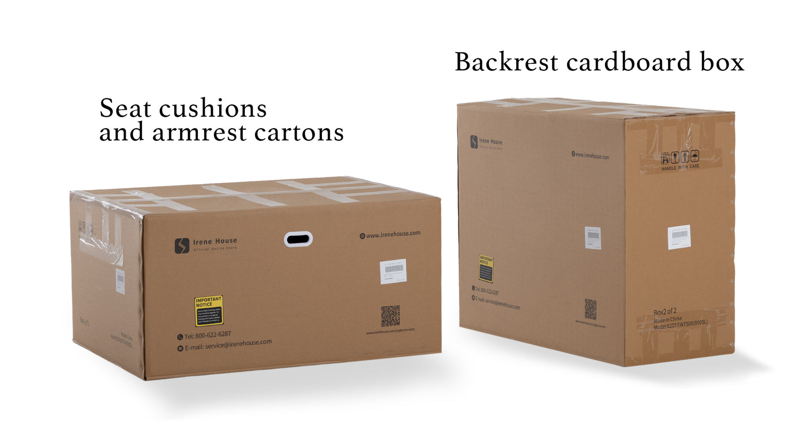 Two Irene House branded shipping boxes for the 9205 EWT500 — seat cushion and armrest carton plus backrest cardboard box