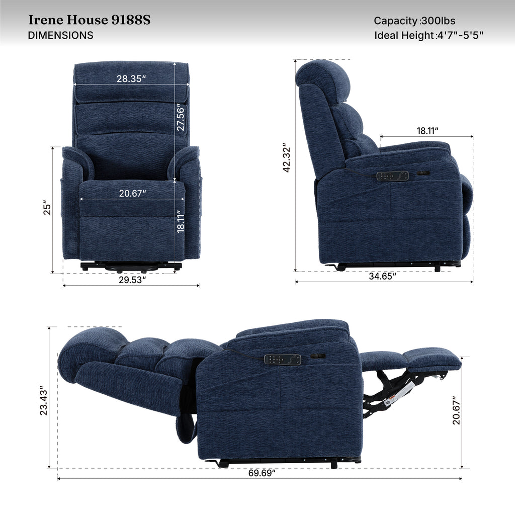 9188S Pro Small Power Lift Recliner – 300 lb, Triple Motor, All-in-One Remote, Lay Flat, Heat & Massage