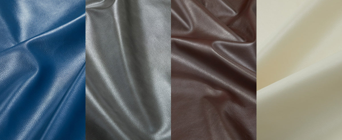 Irene House faux leather upholstery close-up in four colours — blue, gray, brown and cream white — showing the leather-like grain and sheen of the synthetic cover