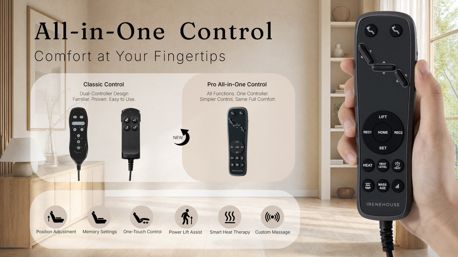 Irene House 9188 Pro Pro all-in-one controller beside the classic dual-controller design — lift, position memory, heat and massage on one remote