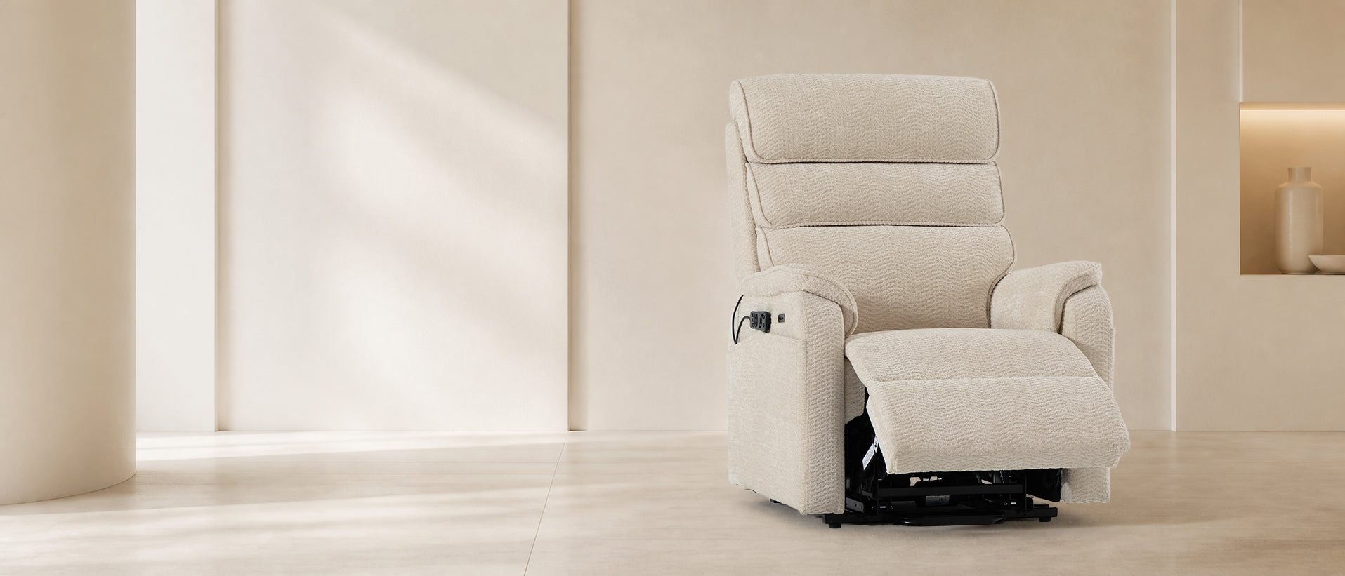 Irene House 9188 Pro triple motor power lift recliner in cream white chenille with footrest raised, three-quarter front view