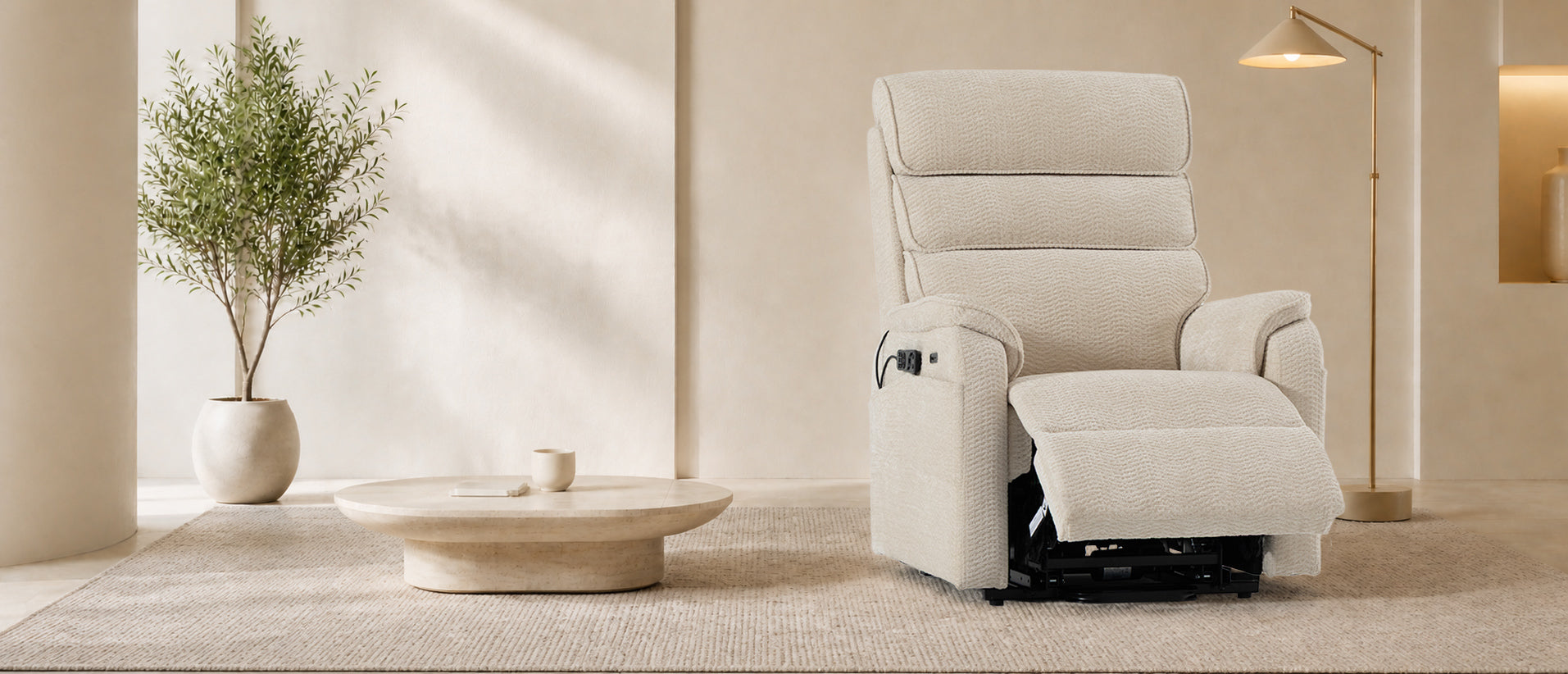 Irene House 9188 Pro medium power lift recliner in cream white chenille, reclined with footrest extended in a living room