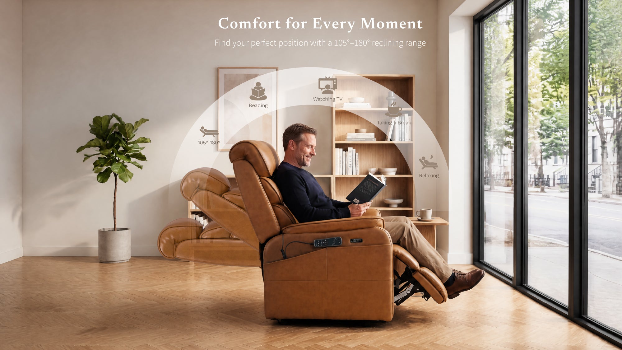 Irene House 9188 Pro reclining range 105 to 180 degrees — man reading in the yellow brown leather lift recliner, positions for reading, TV, a break and lying flat
