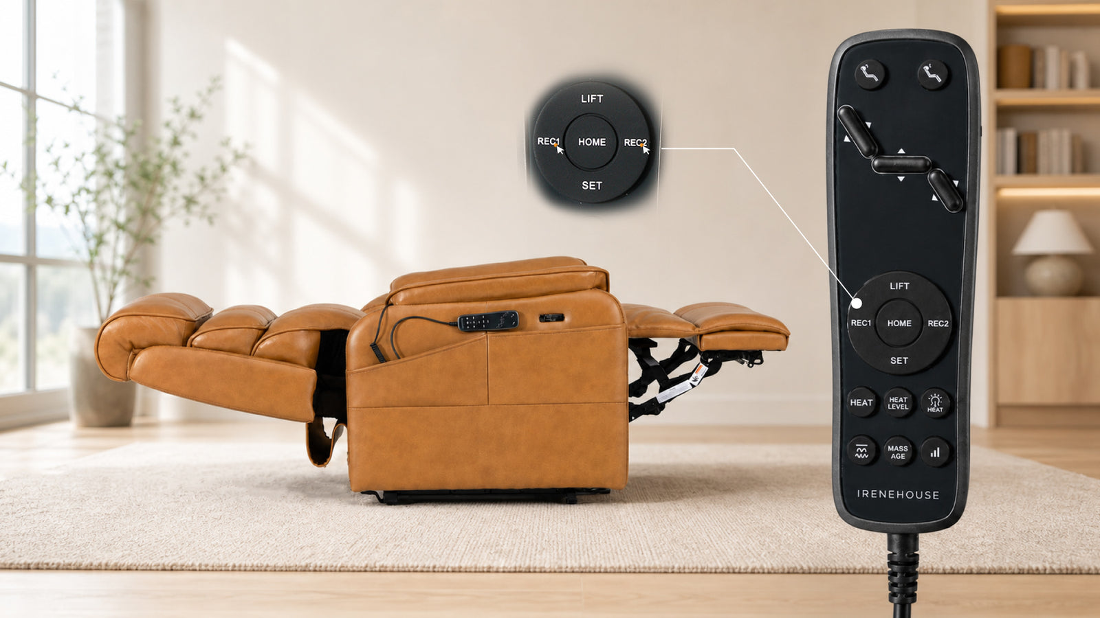 Close-up of the Irene House 9188 Pro all-in-one remote — LIFT, HOME, SET, REC1 and REC2 memory buttons — with the yellow brown top grain leather recliner lying flat