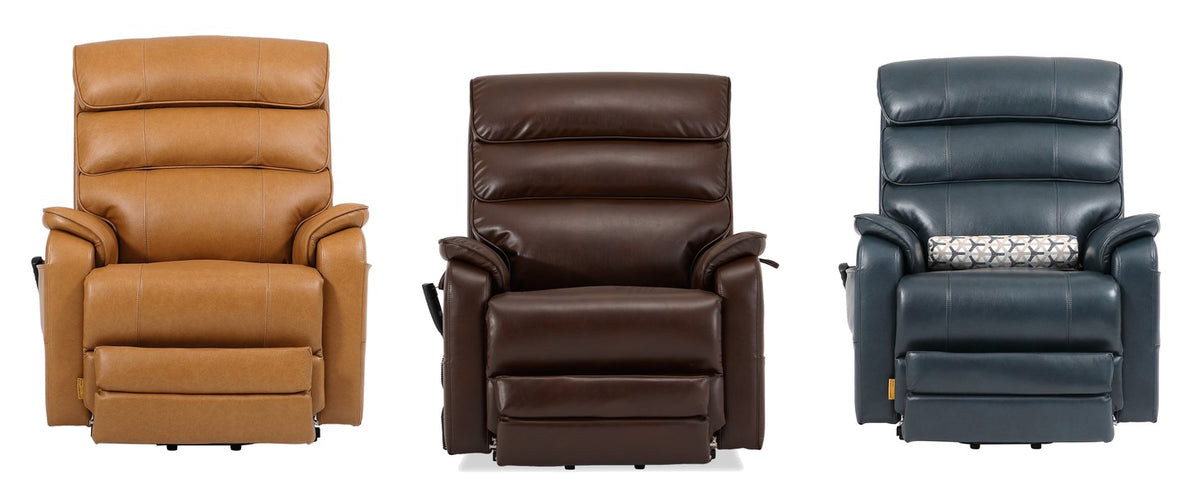 Three Irene House 9188ET lift recliners side by side: camel brown top grain leather, brown faux leather and dark blue top grain leather