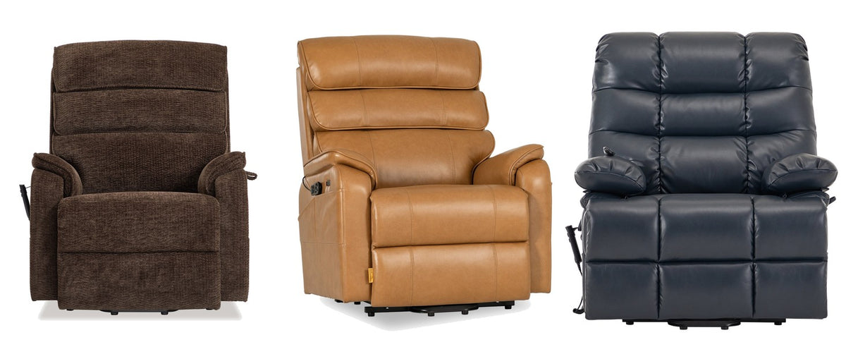 Irene House oversized and wide seat lift recliners side by side: 9188E in dark brown chenille, 9188E Pro in top grain leather and 9205 in blue faux leather