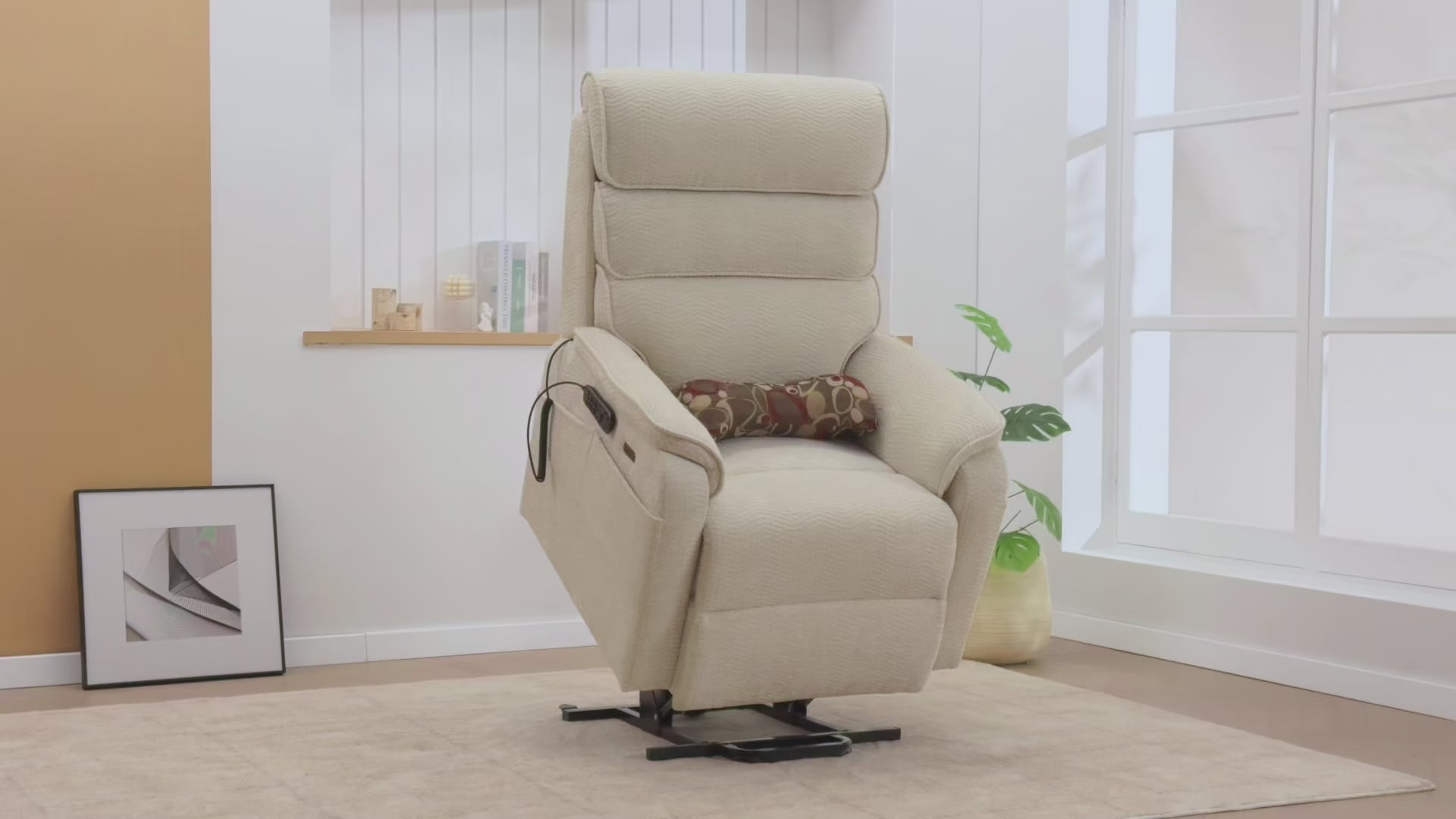 Irene House 9188 Pro Medium triple-motor power lift recliner feature demo — all-in-one hand control, adjustable headrest, lay flat, heat and massage