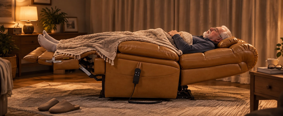 An older man asleep under a blanket, lying fully flat in an Irene House yellow brown leather lift recliner in a warmly lit living room at night