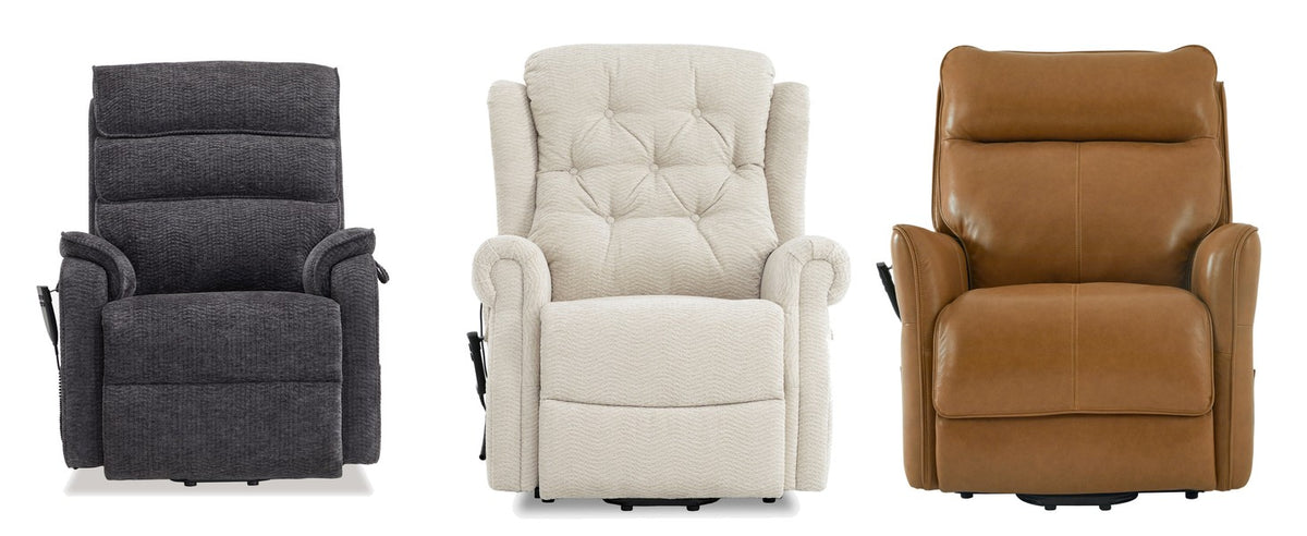 Irene House standard fit lift recliners side by side: 9188 in dark gray chenille, 9199 wingback in beige chenille and 9219 zero gravity in yellow brown top grain leather