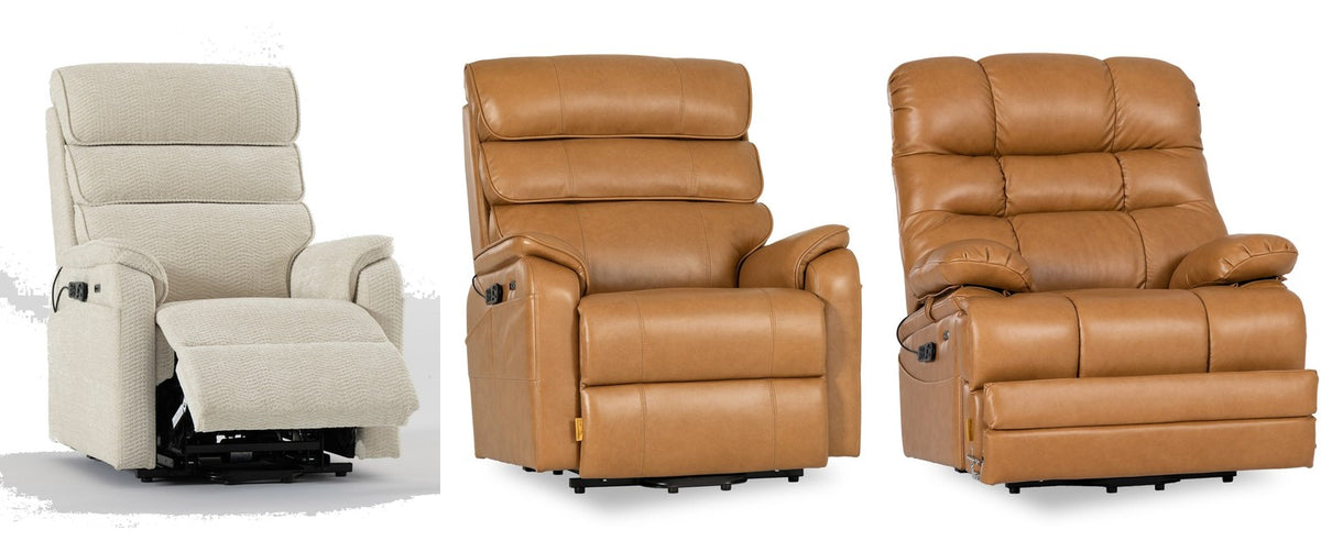 Irene House Pro triple motor lift recliners side by side: 9188 Pro in cream white chenille, 9188E Pro in top grain leather and 9205L Pro in top grain leather