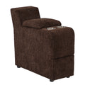 Irene House recliner console table in brown chenille with two built-in cup holders, seen at a three-quarter angle